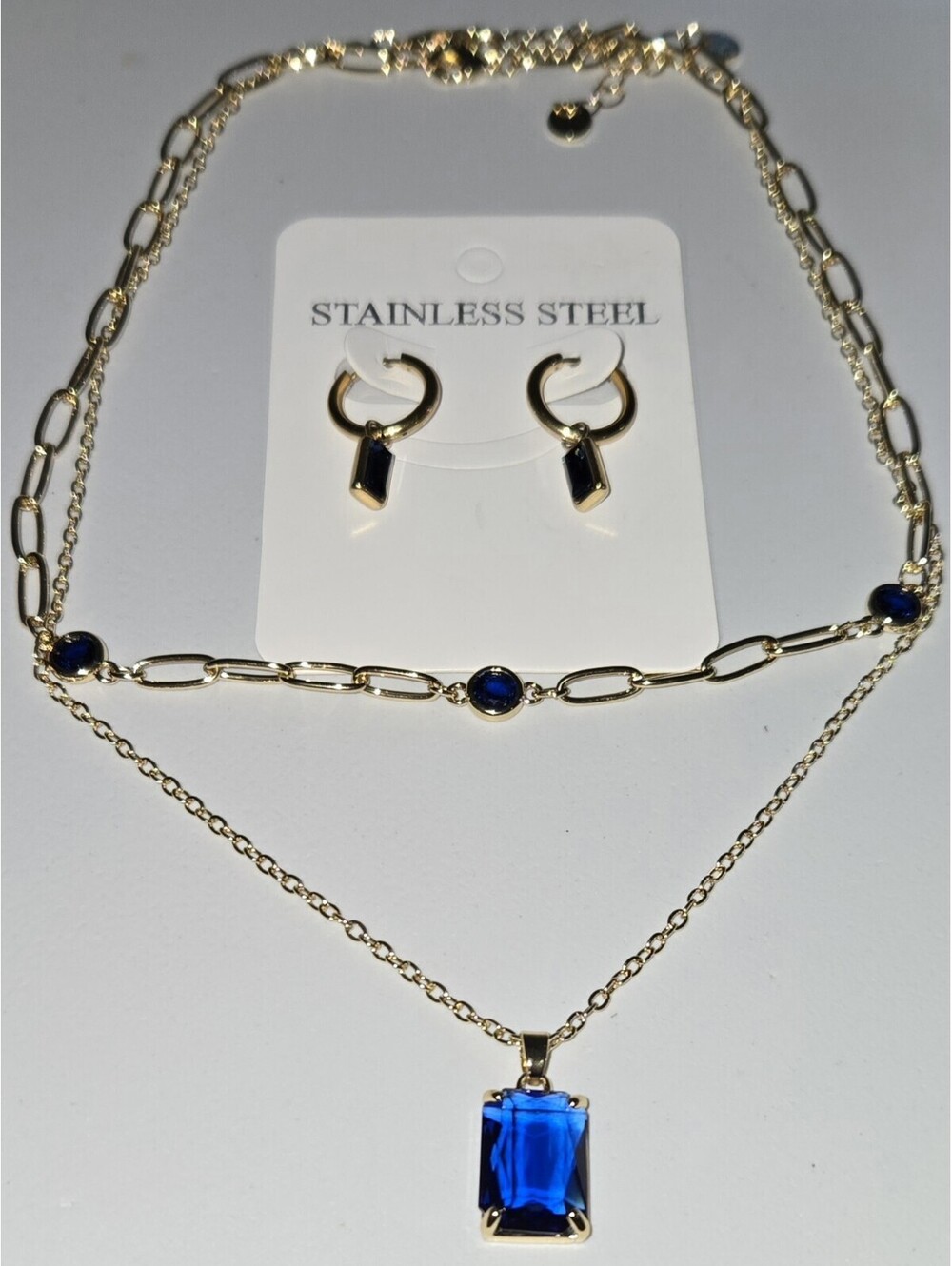 14k Gold Plated Jewelry Set Sapphire Bezel Crystal Dual Necklace Hoop Earrings